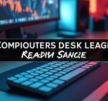 The image shows a clean, organized computer desk setup with various helpful accessories.