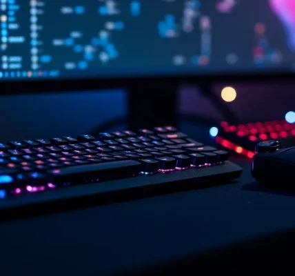 The image shows essential computer gaming accessories like a mouse, keyboard, and headset for a gaming setup.