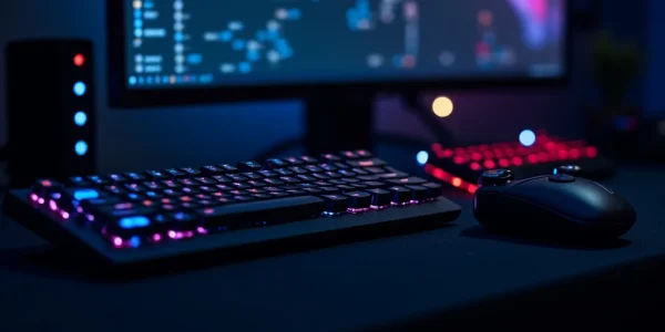 The image shows essential computer gaming accessories like a mouse, keyboard, and headset for a gaming setup.