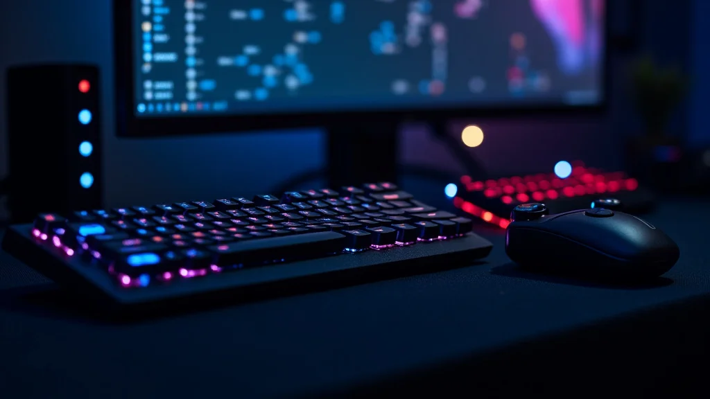 The image shows essential computer gaming accessories like a mouse, keyboard, and headset for a gaming setup.