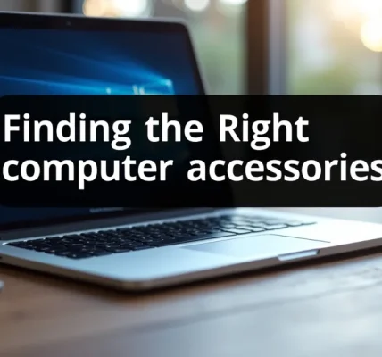 The image shows a laptop with various computer accessories like a mouse and keyboard, ideal for finding the right ones.