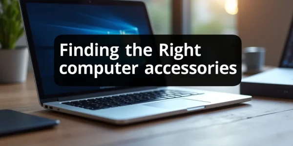 The image shows a laptop with various computer accessories like a mouse and keyboard, ideal for finding the right ones.